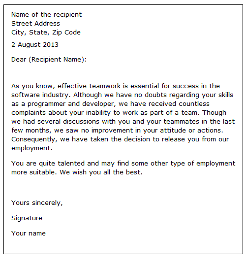 employee dismissal letter sample