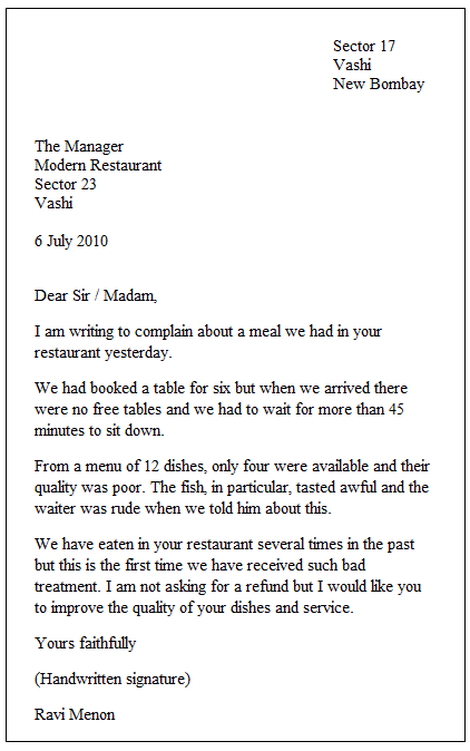 Letter Of Complaint Пример