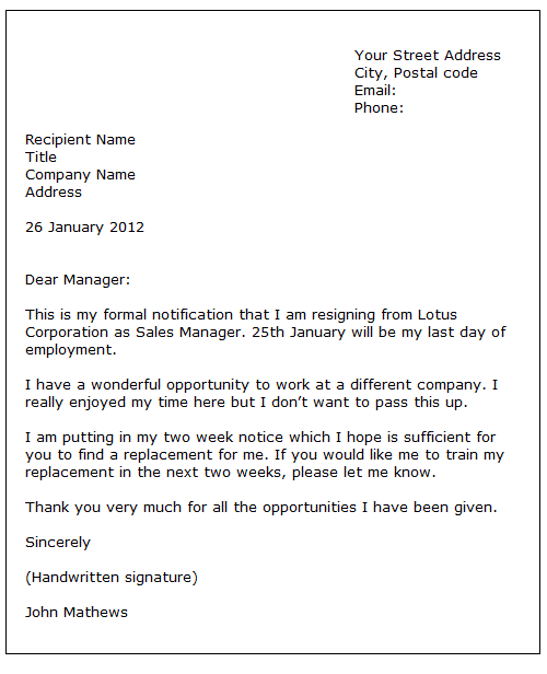 Formal Letter Sample Sample Letter Of Resignation