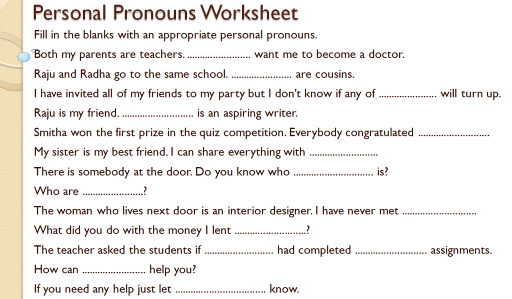 Personal pronouns worksheet for class 5