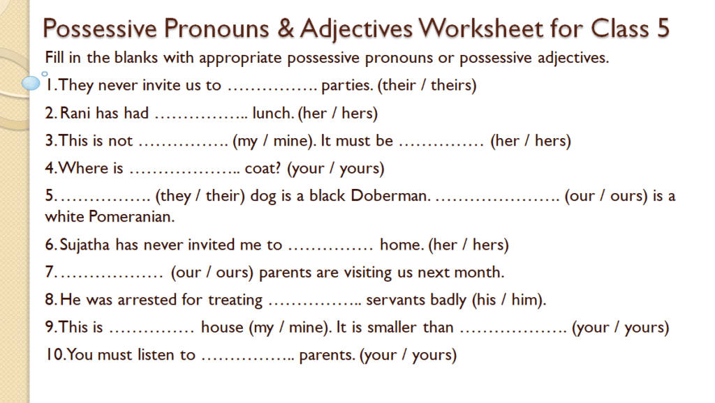 Possessive pronouns worksheet for class 5