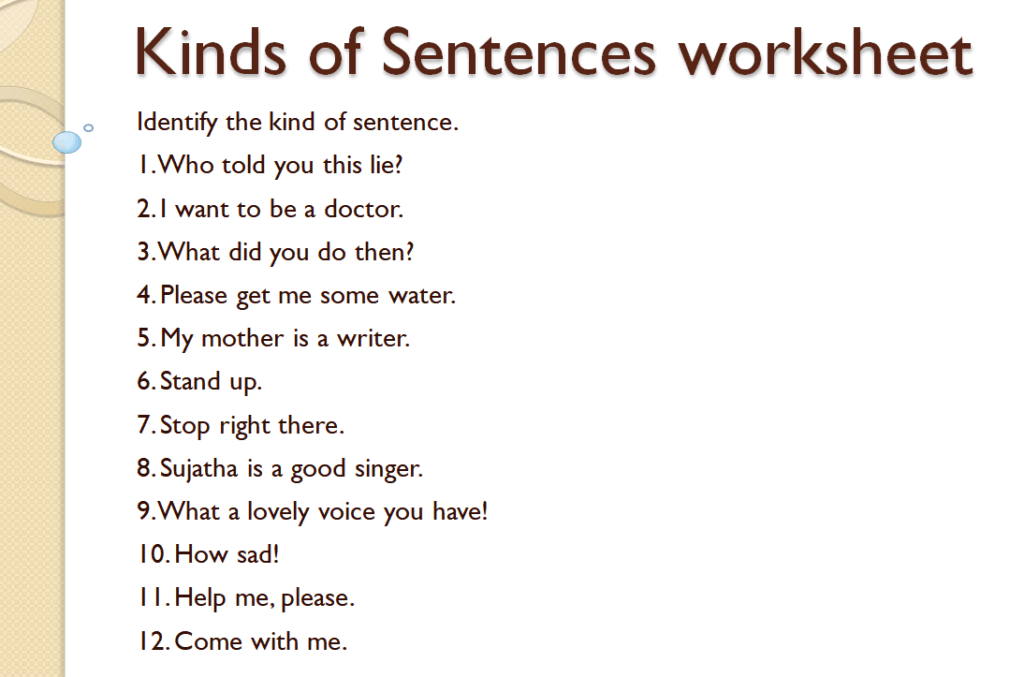 Kinds of sentences worksheet for class 4