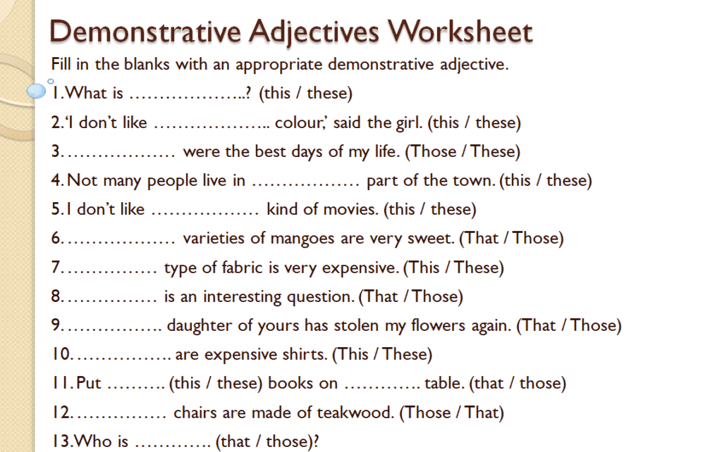 Demonstrative adjectives worksheet