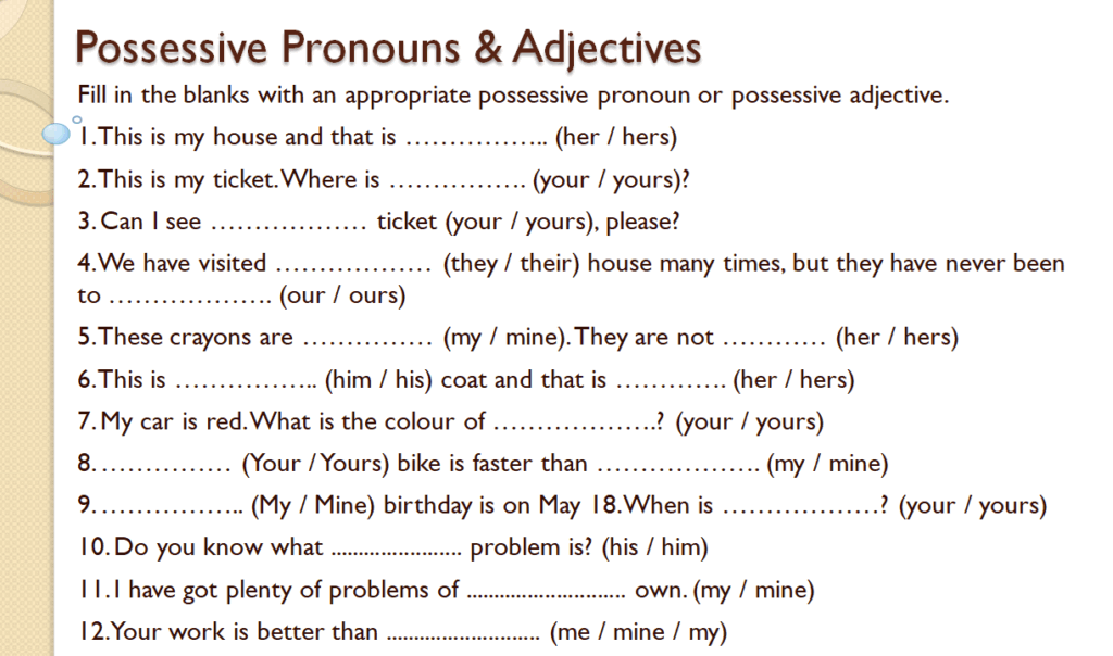 possessive pronouns and adjectives worksheet for class 4