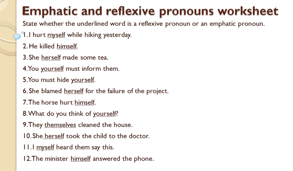 Reflexive and emphatic pronouns worksheet for class 6