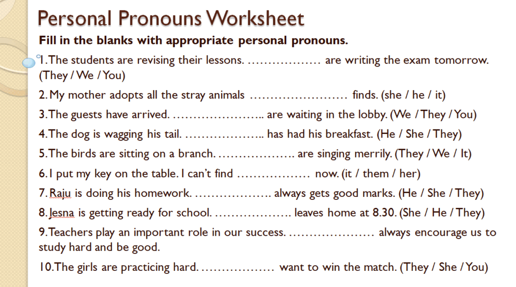 Personal pronouns worksheet for class 3