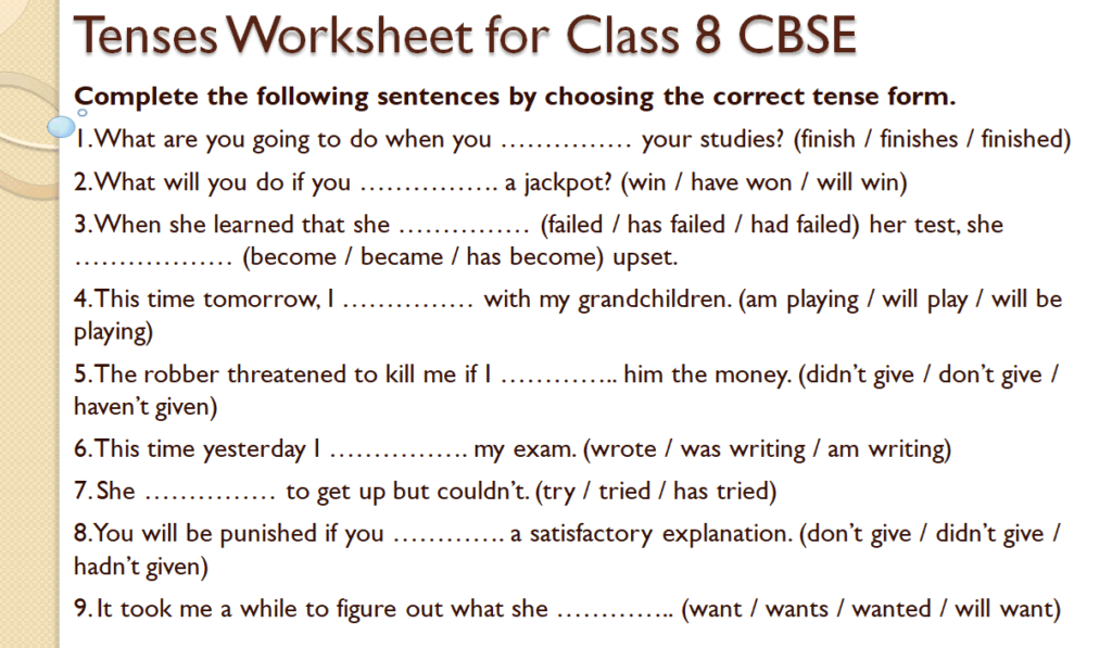 Tenses worksheet for class 8