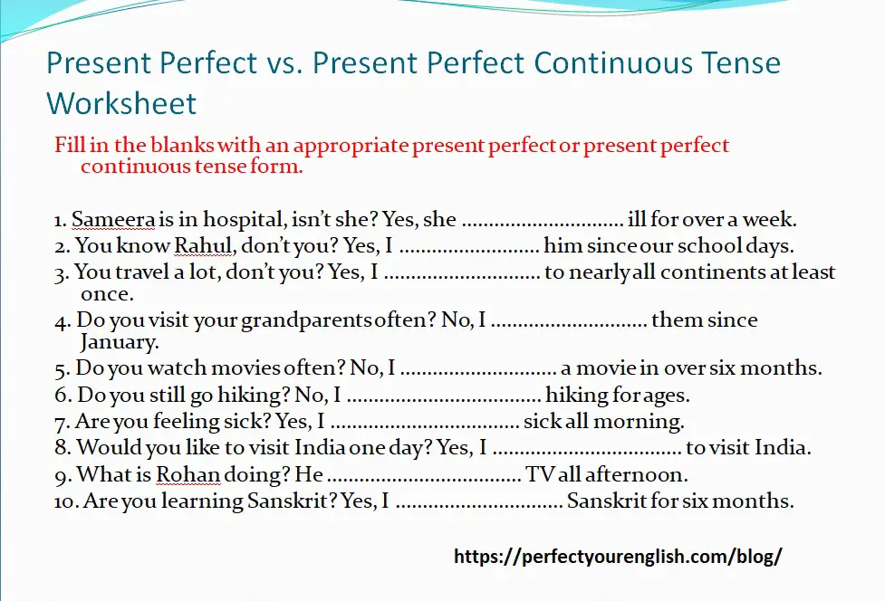 present perfect continuous tense worksheet