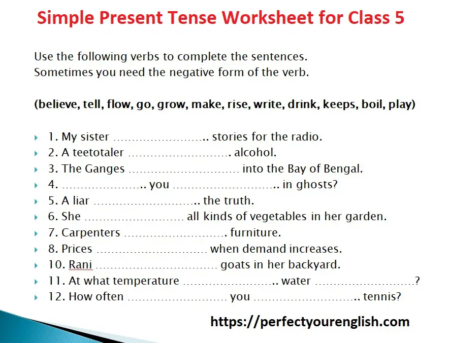 simple present tense worksheet for class 5