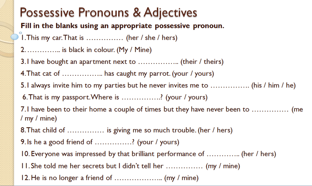 Possessive pronouns worksheet for class 4 with answers