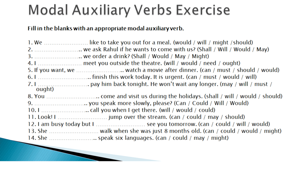 Modal auxiliary verbs exercise for class 10