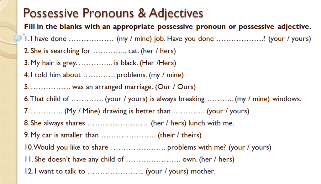 Possessive pronouns and adjectives worksheet for class 3